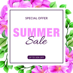 Colorful watercolor background with flowers. Style with a copy for text. The backdrop for greeting cards, sales, advertisements, invitations, posters, banners, and placards.