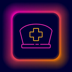 Glowing neon line Nurse hat with cross icon isolated on black background. Medical nurse cap sign. Colorful outline concept. Vector