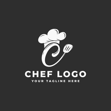 hat chef logo for restaurant symbol, cafe, food delivery, food stalls, with initial letter C combination and spatula icon vector illustration