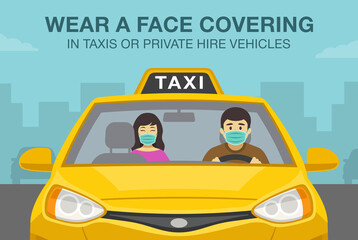 Safety driving rule. Travel guidance for passengers and drivers. Wear a face covering, masks in taxi or private hire vehicles warning design. Flat vector illustration template. - obrazy, fototapety, plakaty
