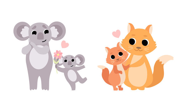Cute Little Baby Animals and Their Moms Set, Adorable Koala and Squirrel Families Cartoon Vector Illustration