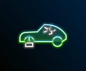 Glowing neon line Broken car icon isolated on black background. Car crush. Colorful outline concept. Vector