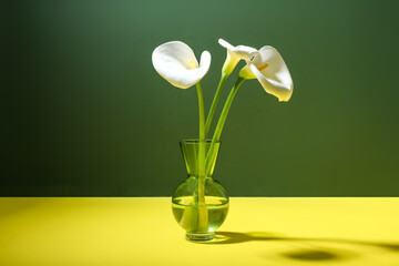 Vase with beautiful calla lilies on color background