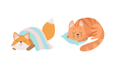 Cute Baby Animals Sleeping in Beds Set, Adorable Fox Cub and Kitten Fell Asleep on Pillows Cartoon Vector Illustration