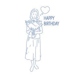 The girl is holding a bouquet of flowers. The young girl smiles. A poster for a birthday greeting. Modern illustration.