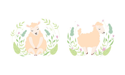Cute Sheep in Flowers Set, Adorable Little Fluffy Lamb Farm Animal in Pastel Colors Cartoon Vector Illustration