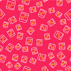 Line Glass of whiskey and ice cubes icon isolated seamless pattern on red background. Vector