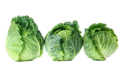 Fresh savoy cabbages on white background