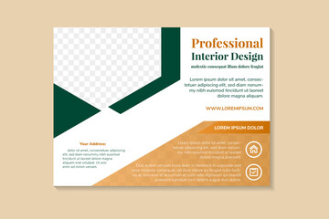 Professional interior design flyer design template use horizontal layout. white background combined with green and gold elements colors. Half hexagon shape for space of photo collage.