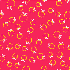 Line Apple icon isolated seamless pattern on red background. Fruit with leaf symbol. Vector