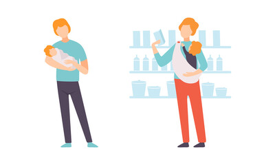 Fathers Taking Caring of their Babies Set, Young Dad Shopping with Baby, Happy Fatherhood Concept Flat Vector Illustration