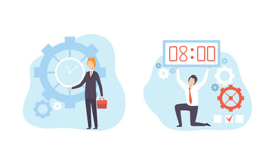 Time Management Concept, Office Workers Working next to Clock Planning Working Process Flat Vector Illustration