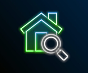 Glowing neon line Search house icon isolated on black background. Real estate symbol of a house under magnifying glass. Colorful outline concept. Vector