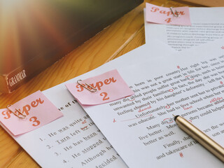 English proofreading paper on table in office