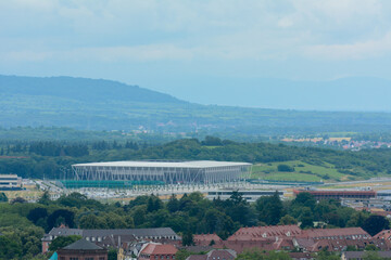 Freiburg im Breisgau, June 29, 2021: The Rhine Valley with the new SC Freiburg stadium and a cloudy...