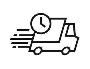 Shipping fast delivery truck with clock icon symbol, Pictogram flat outline design for apps and websites, Isolated on white background, Vector illustration