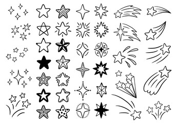 Vector set of different stars. Sketch star shapes, black starburst doodle signs. Hand-drawn, doodle elements isolated on white background.