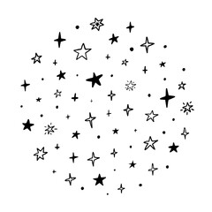 Hand-drawn stars illustration. Star shapes in the circle. Doodle elements isolated on white background.