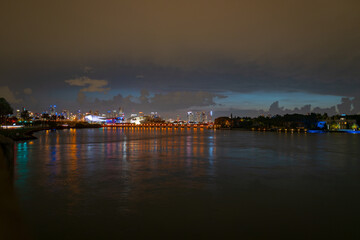 Obraz premium City of Miami Florida, sunset panorama with business and residential buildings and bridge on Biscayne Bay. Skyline night view.