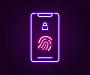 Glowing neon line Smartphone with fingerprint scanner icon isolated on black background. Concept of security, personal access via finger on mobile. Colorful outline concept. Vector