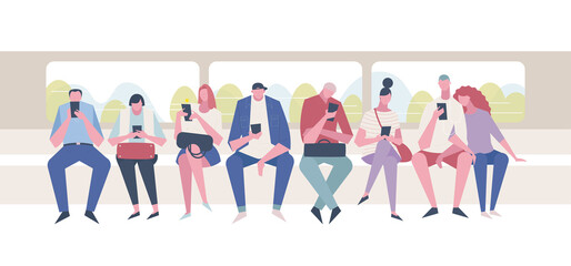 All the passengers on the subway are looking at their cell phones. vector design illustrations.