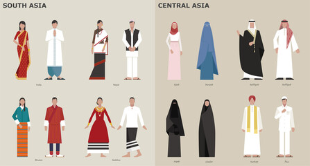 A collection of traditional costumes by country. Central Asia. vector design illustrations.