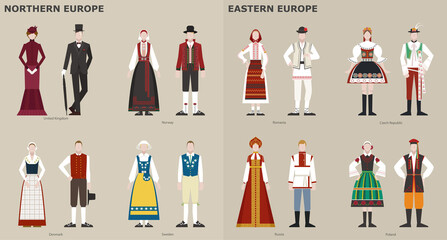 A collection of traditional costumes by country. Europe. vector design illustrations.