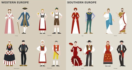 Fototapeta na wymiar A collection of traditional costumes by country. Europe. vector design illustrations.