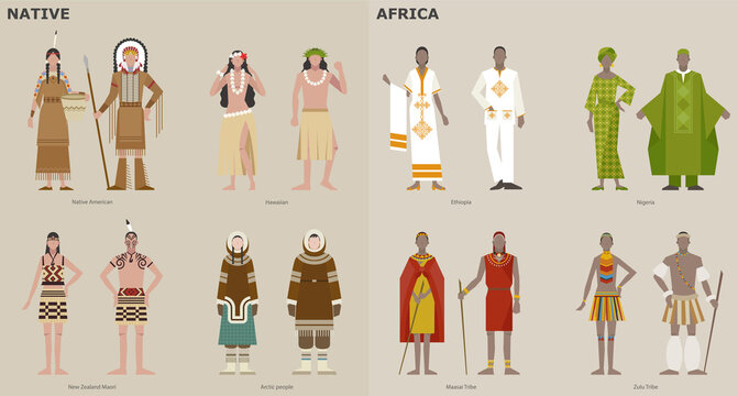 A collection of traditional costumes by country. Indigenous peoples and Africans. vector design illustrations.