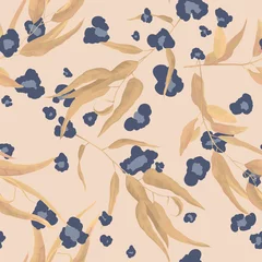 Fototapeten Foliage seamless pattern, eucalyptus leaves with leopard skin in blue and brown tones © momosama
