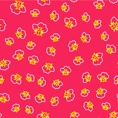 Line System bug on a cloud icon isolated seamless pattern on red background. Cloud computing design concept. Digital network connection. Vector