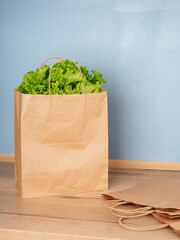 Lettuce leaves in a craft package, shopping in a package, vegetarianism and ecology
