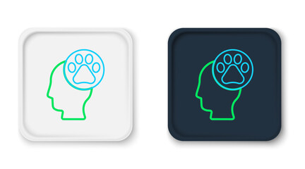 Line Human head with animals footprint icon isolated on white background. Pet paw in heart. Love to the animals. Colorful outline concept. Vector