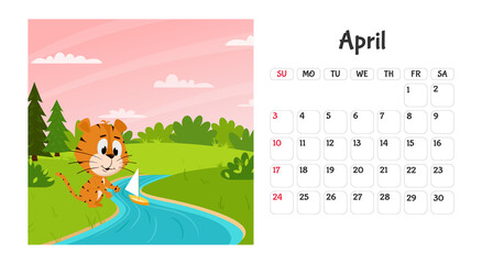 Horizontal desktop calendar page template for April 2022 with a cartoon tiger symbol of the Chinese year. The week starts on Sunday. Tiger launches a boat on the stream