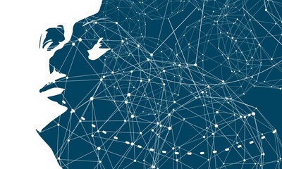 Silhouette of a female head and science futuristic background.