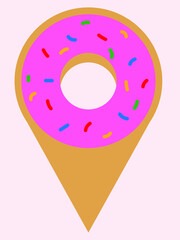 Donut location. Donut with pink icing and sprinkling.