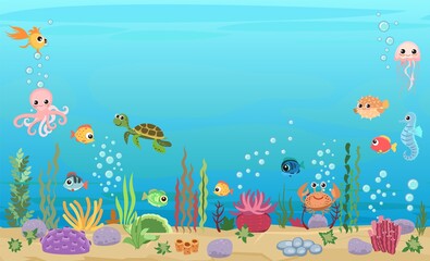 Naklejka na ściany i meble Bottom of reservoir with fish and turtle. Blue water. Sea ocean. Underwater landscape with animals. plants, algae and corals. Illustration. Cartoon style. Flat design. Vector art