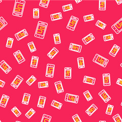 Line New chat messages notification on phone icon isolated seamless pattern on red background. Smartphone chatting sms messages speech bubbles. Vector