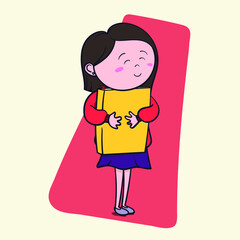 Cute little girl book lover enjoys reading big books and novels. Cartoon style Bibliophile Illustration for Graphic Novels.