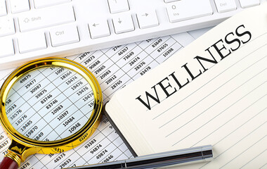 WELLNESS text on notebook with chart, magnifier,keyboard and pen
