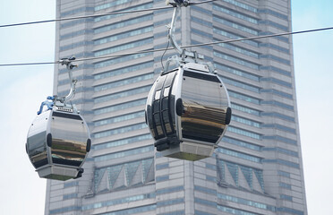 Urban Skyscrapers and Cable Cars in Yokohama City, Japan
