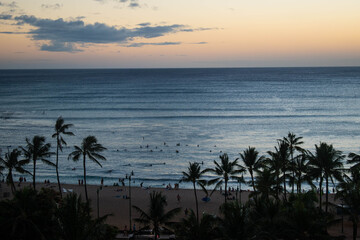 Silhouetted long board surfers on waikiki beach at sunset on Oahu, Hawaii. View from above.