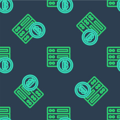 Line Server bitcoin icon isolated seamless pattern on blue background. Vector