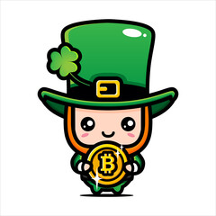 cute male cartoon character design wearing st patrick's day costume holding bitcoin coins