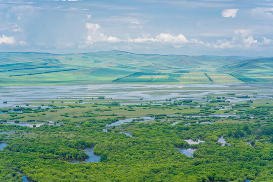 A big wetland on Hulunbuir Grasslands, Inner Mongolia, China.