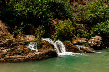 Fototapeta premium A rocky cliff with green trees and bushes and a small foamy waterfall over the surface of a mountain river in a canyon