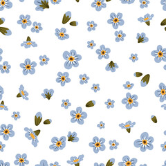 Cute blue branch of forget-me-not flower seamless pattern. Delicate summer herb texture. Vector background for paper, cover, fabric, interior decor.