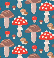 Seamless flat texture with mushrooms and amanita on a dark background. Cartoon pattern with fungus. Hand drawn wallpaper with forest gifts. Vector natural fabric with boletus.
