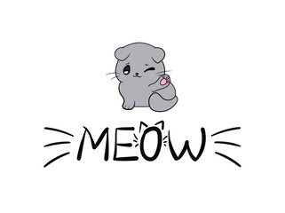Vector Meow Illustration, Cute Kitten and Meow Word with Whiskers Isolated on White Background.
