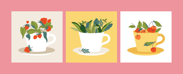 Vector set illustration tea cups full of berries and leaves. Cherry, strawberry and herbal tea.